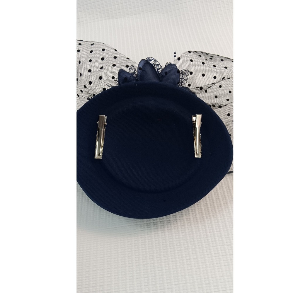 Vintage Style Navy Blue Fascinator Hat Polka Dot Veil Floral Hair Clip Accessory - Picture 5 of 5